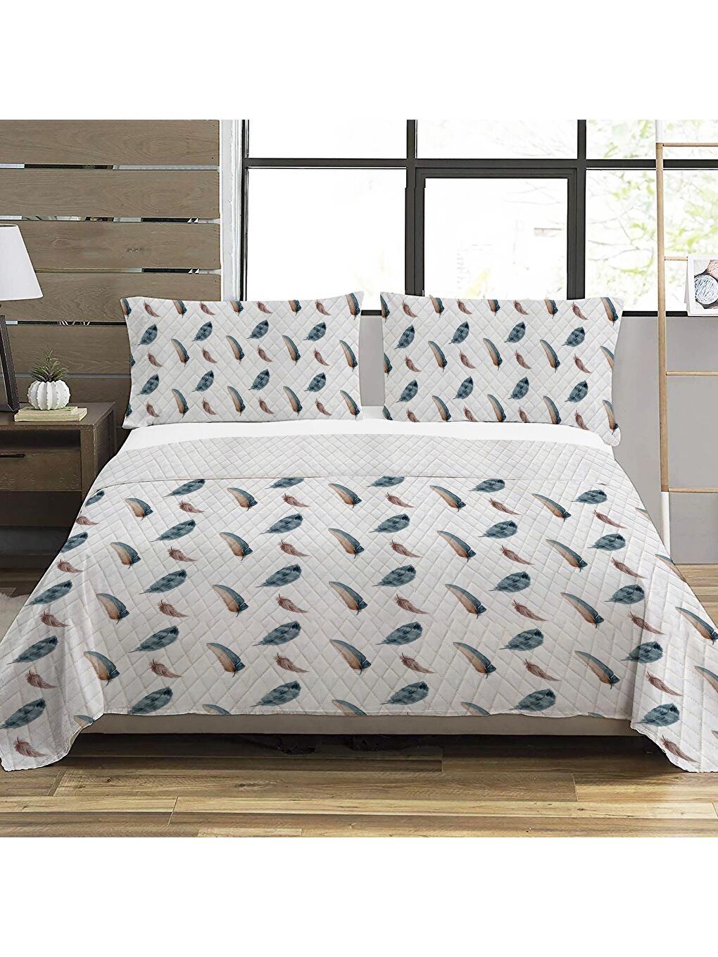 Karışık Yaprak Desen Çift Kişilik Baskılı Pike (200x220 Cm) Beyaz