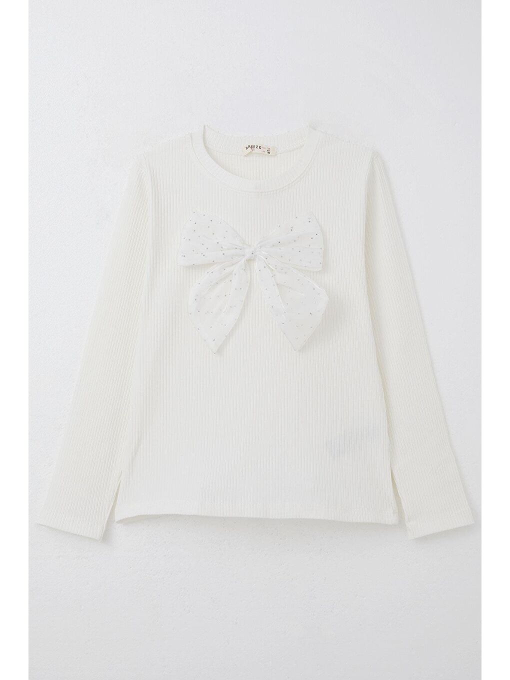 Kız Çocuk Uzun Kollu Tişört Taşlı Fiyonk Aksesuarlı Ekru (9-12 Yaş)-1