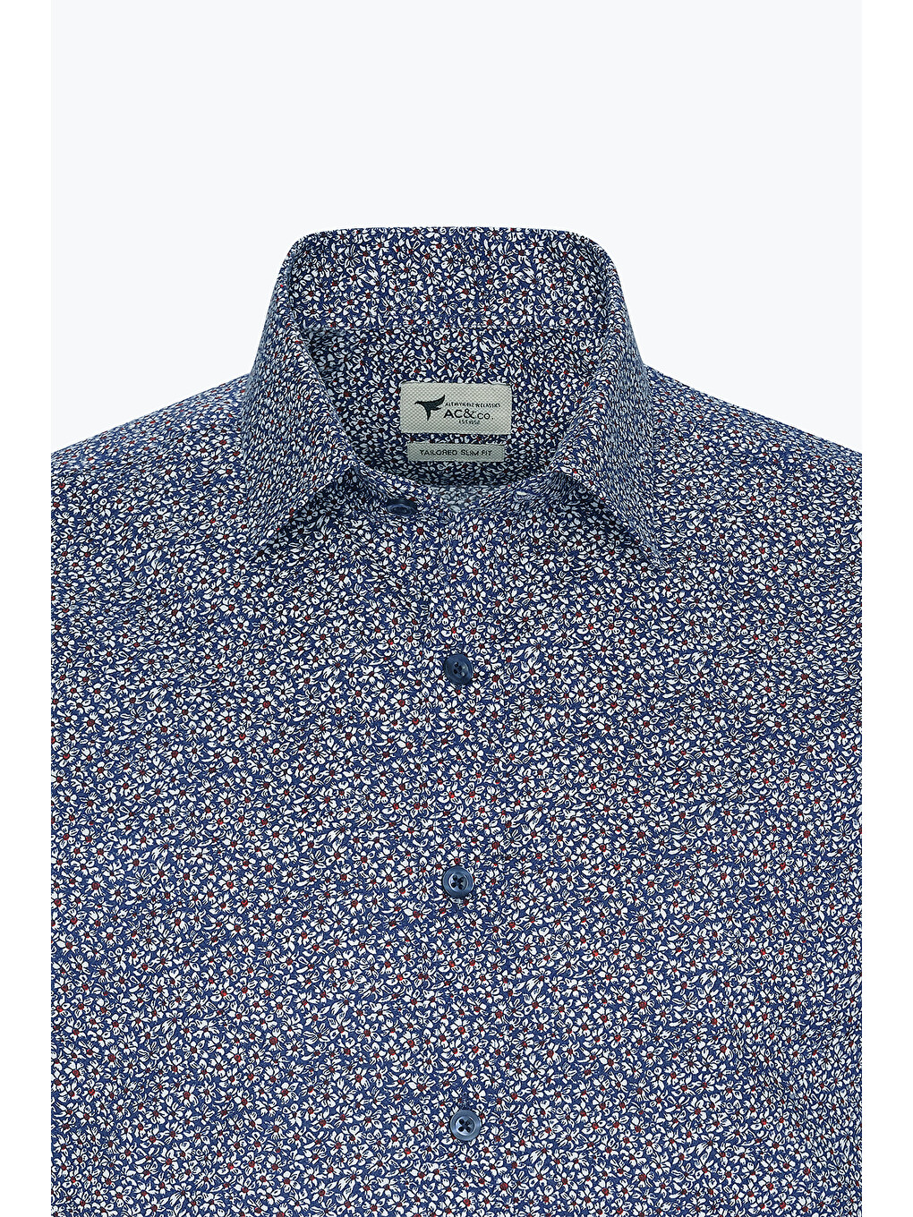 Erkek Mavi-beyaz Pamuklu Slim Fit Dar Kesim Klasik Yaka Baskılı Gömlek-6
