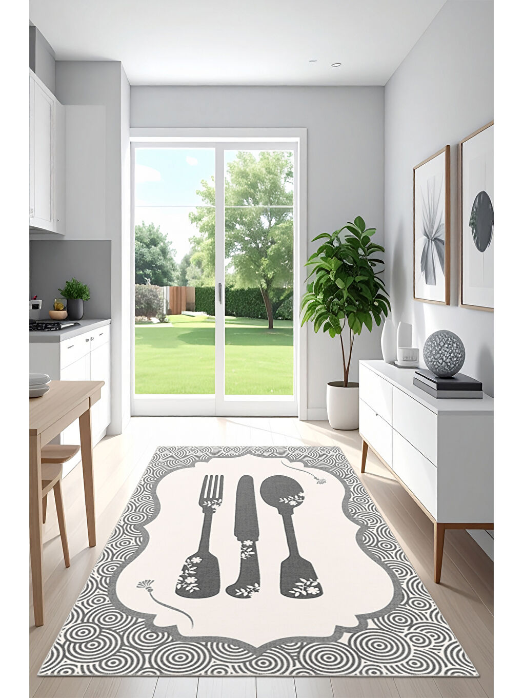 Gri Dekoratif Özel Tasarım Yıkanabilir İnce Kaymaz Tabanlı Modern Halı KECE FR42-2