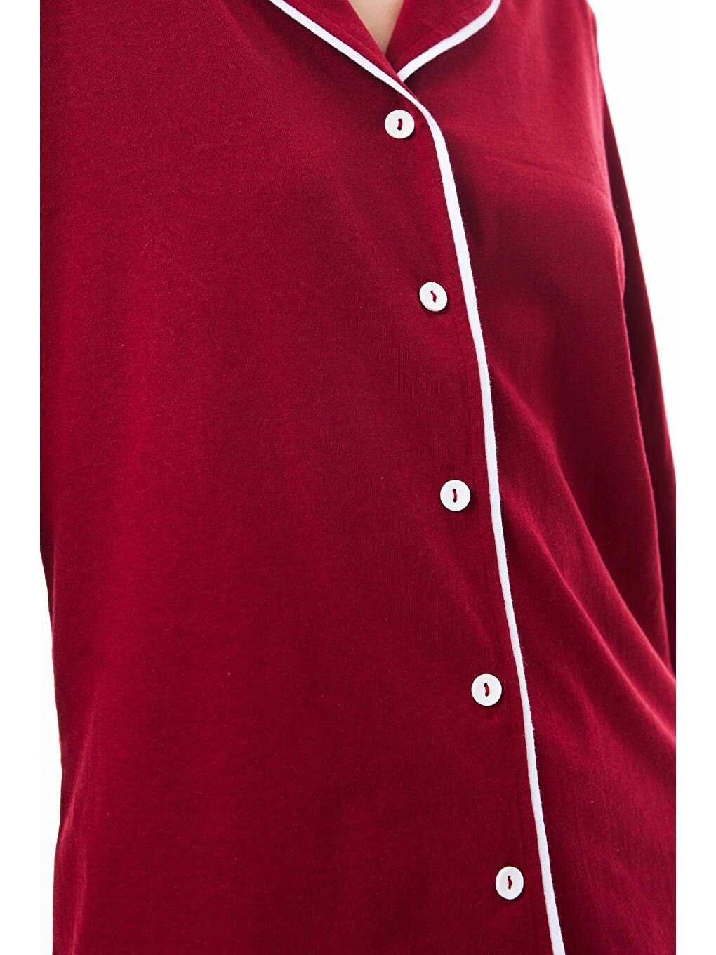 Bordo Önden Düğmeli Pamuklu Kadın Pijama Takımı-10