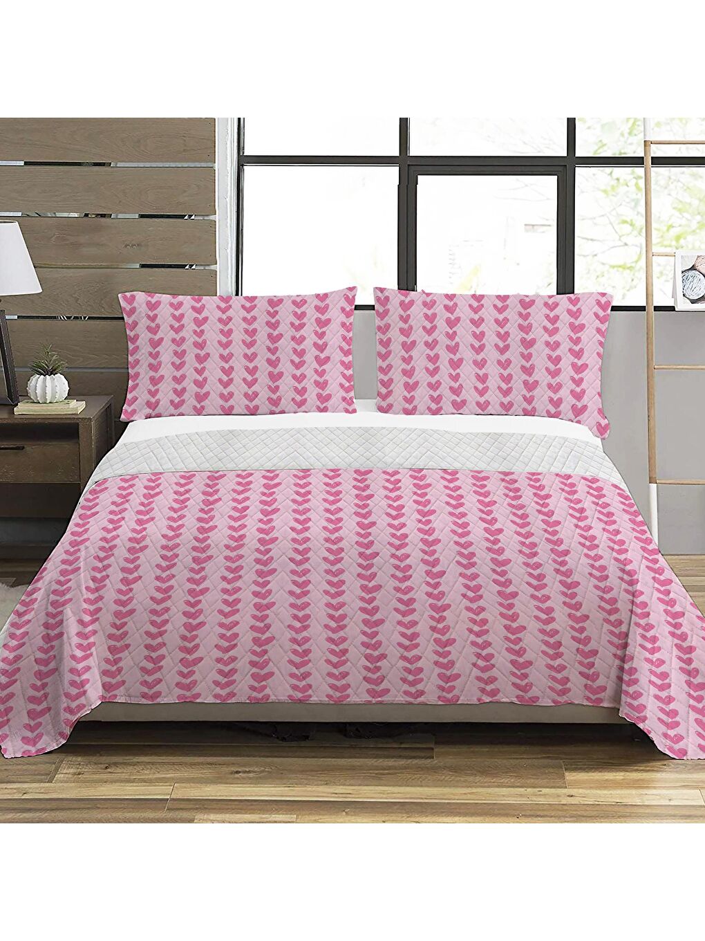 EVMİLA Karışık Pembe Kalp Desen Çift Kişilik Baskılı Pike (200x220 Cm) Pembe