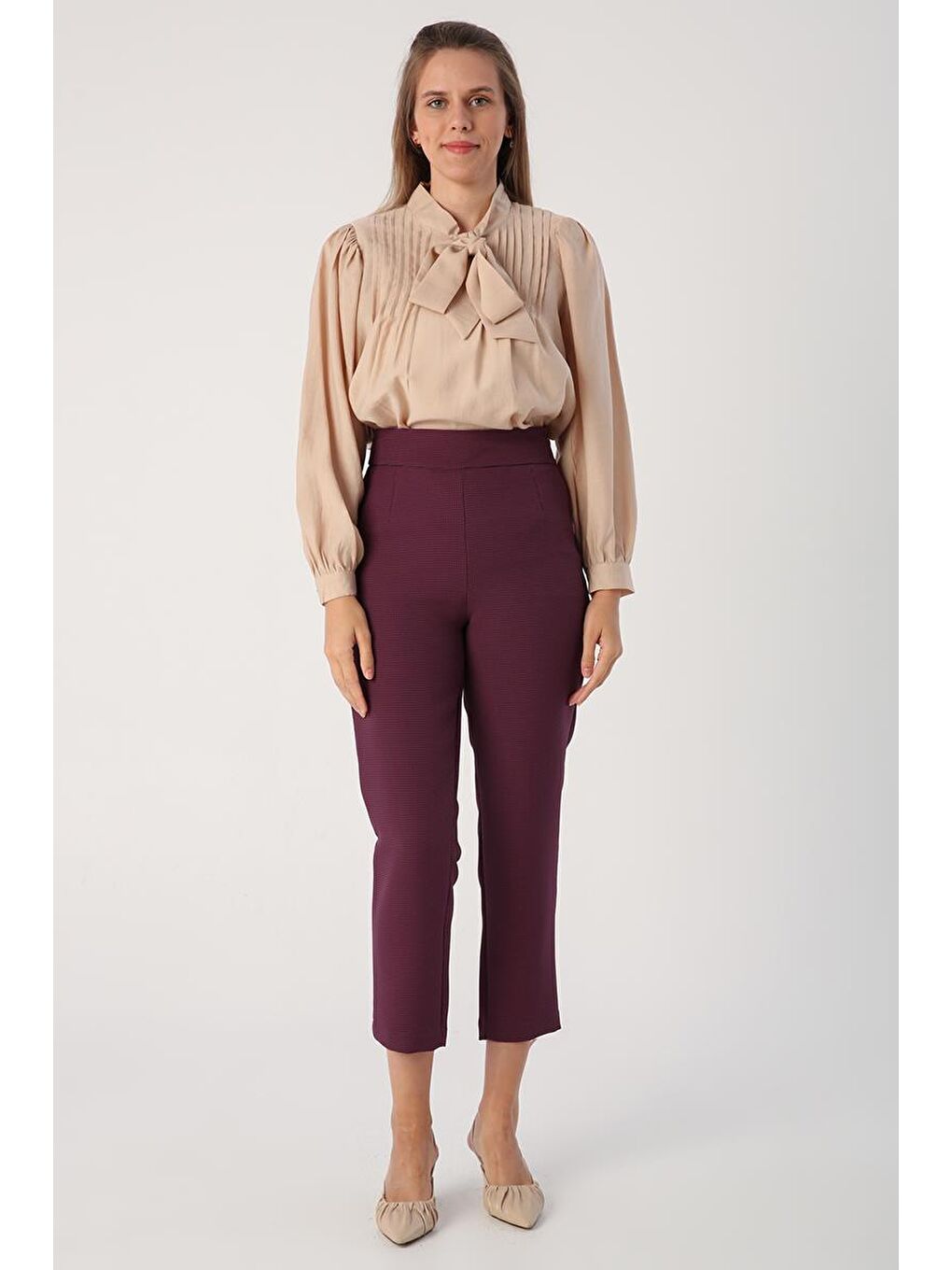 Mürdüm-Jakarlı Klasik Rahat Pantolon-1