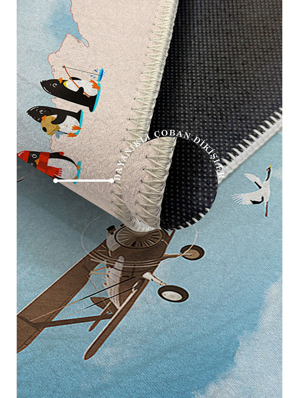 Mavi Dekoratif Özel Tasarım Yıkanabilir İnce Kaymaz Tabanlı Modern Halı KECE FR44-3