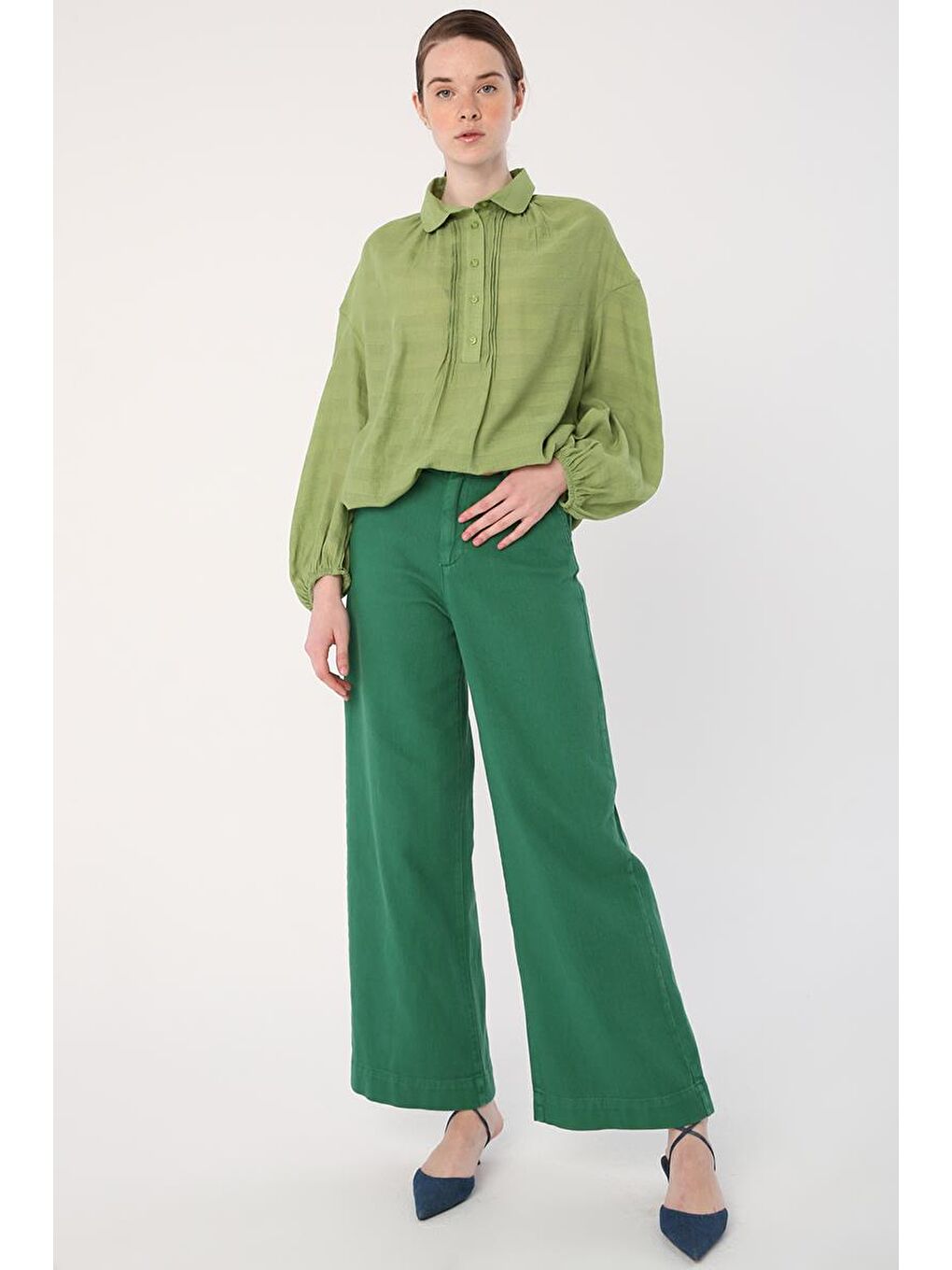 Yeşil-%100 Pamuk Bol Paça Cepli Pantolon-4