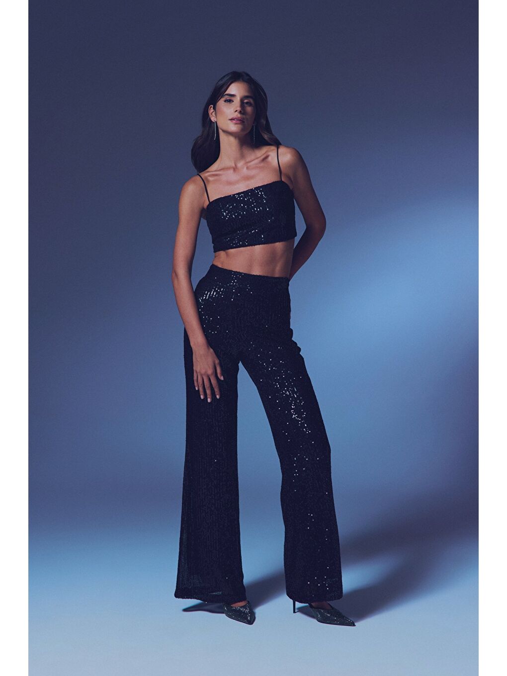Payetli Salaş Pantolon - Siyah-1