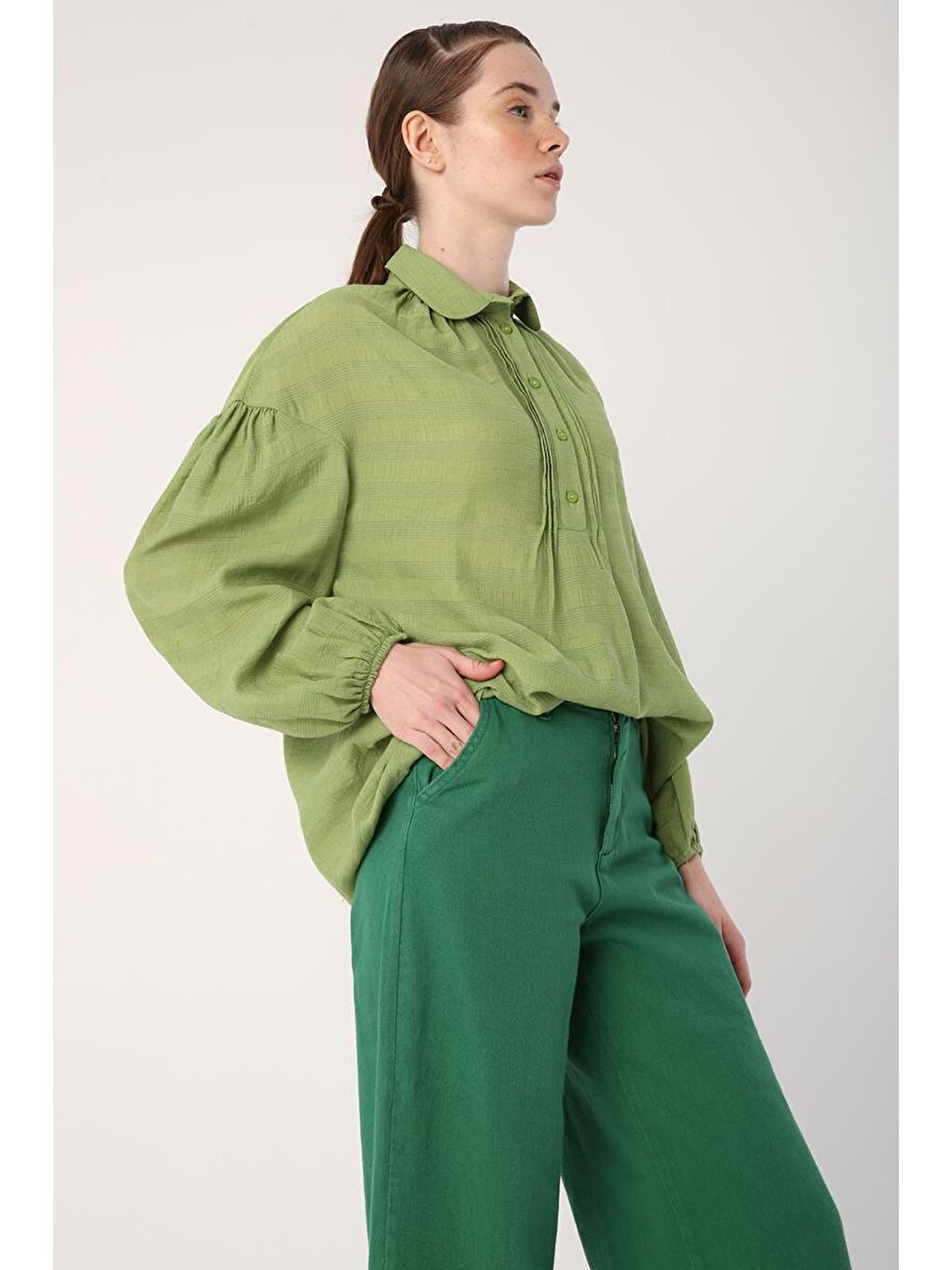 Yeşil-%100 Pamuk Bol Paça Cepli Pantolon-5