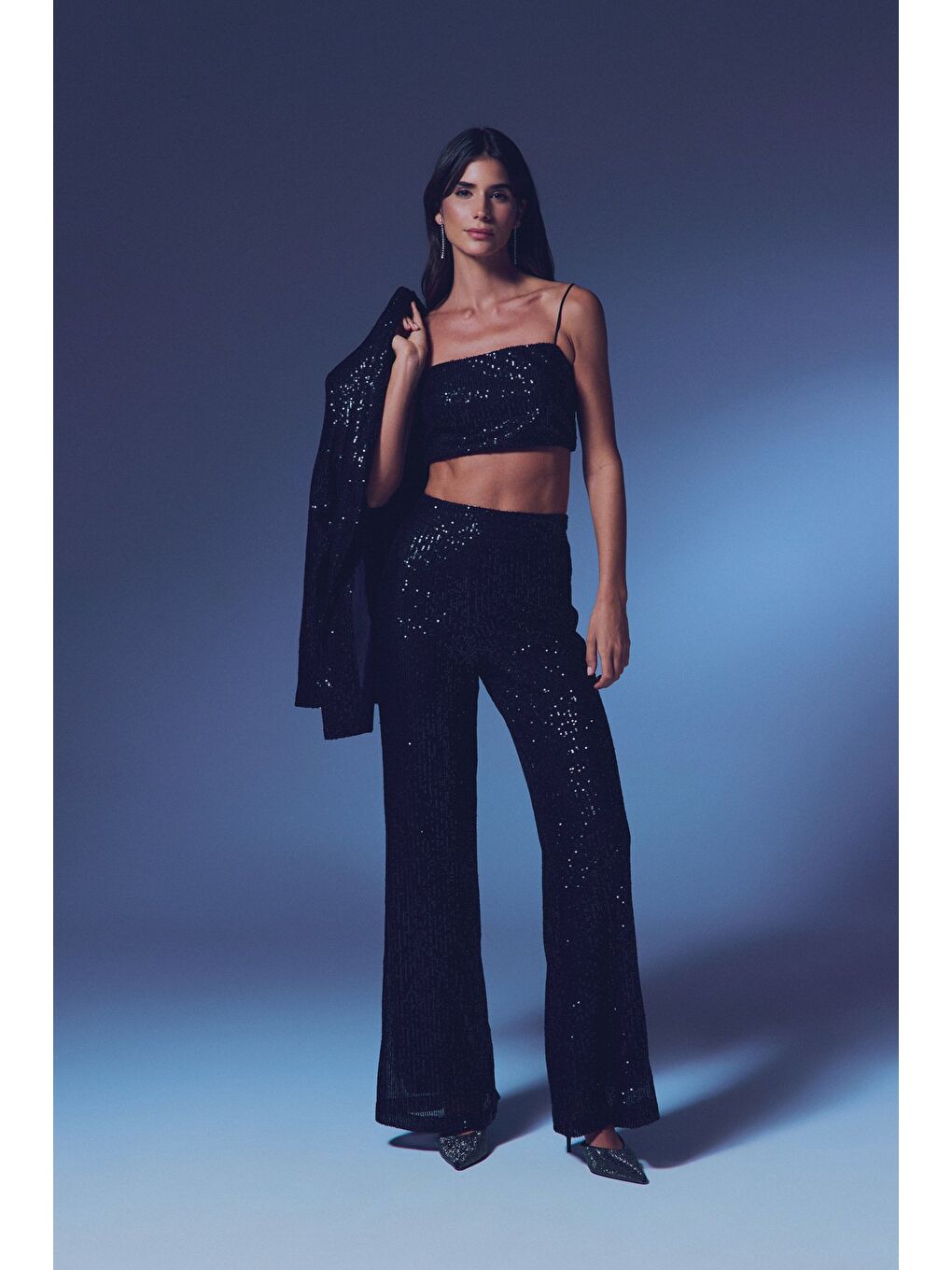 Payetli Salaş Pantolon - Siyah-3