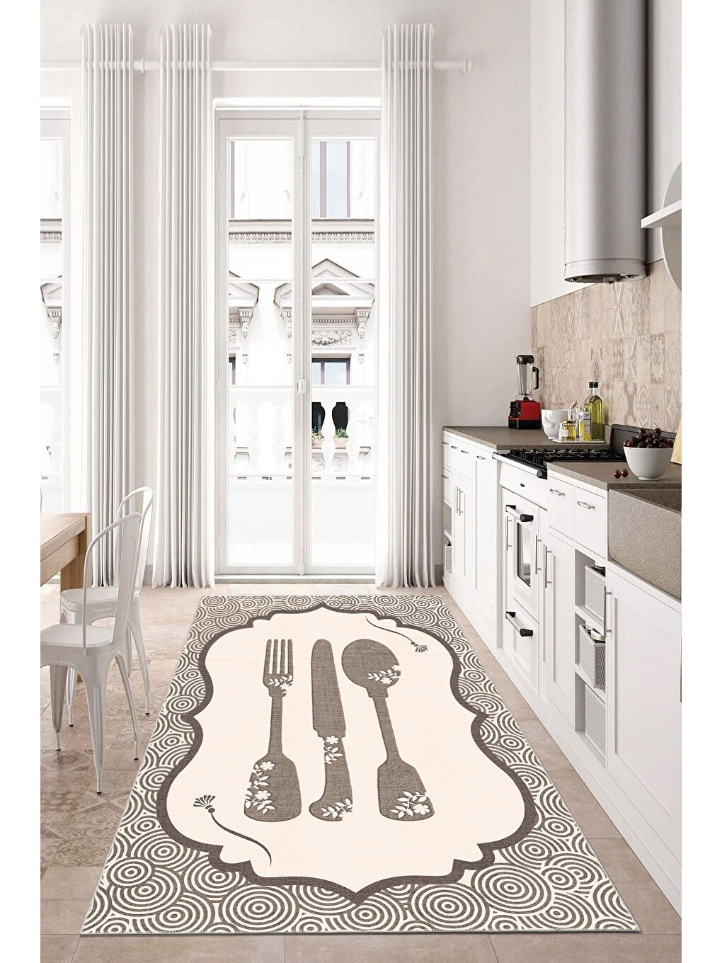 Ekru Dekoratif Özel Tasarım Yıkanabilir İnce Kaymaz Tabanlı Modern Halı KECE FR42-1