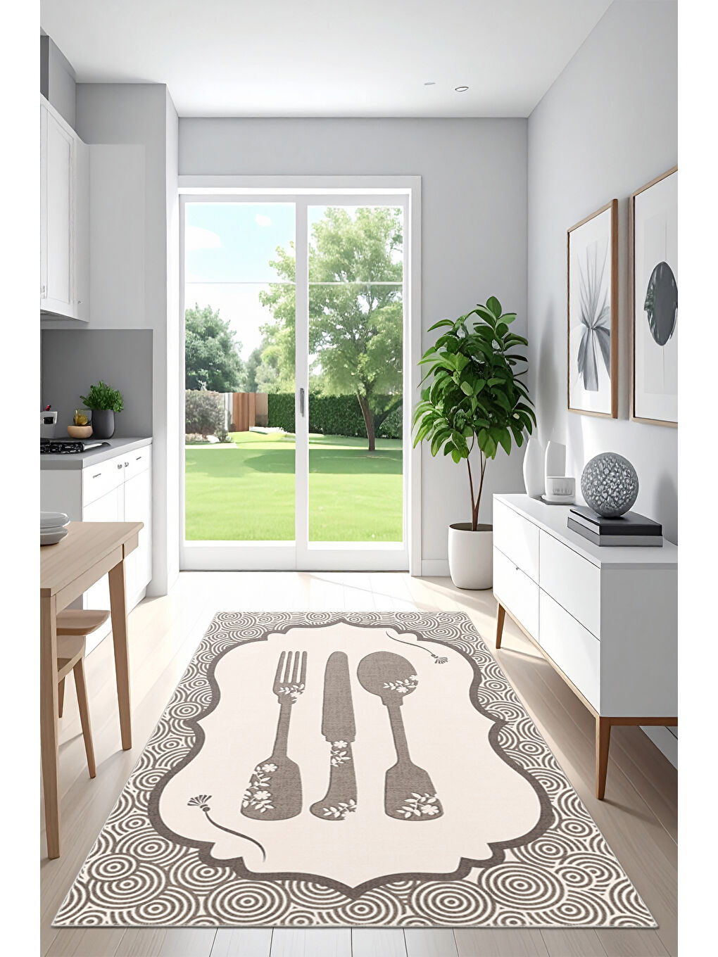 Ekru Dekoratif Özel Tasarım Yıkanabilir İnce Kaymaz Tabanlı Modern Halı KECE FR42-2