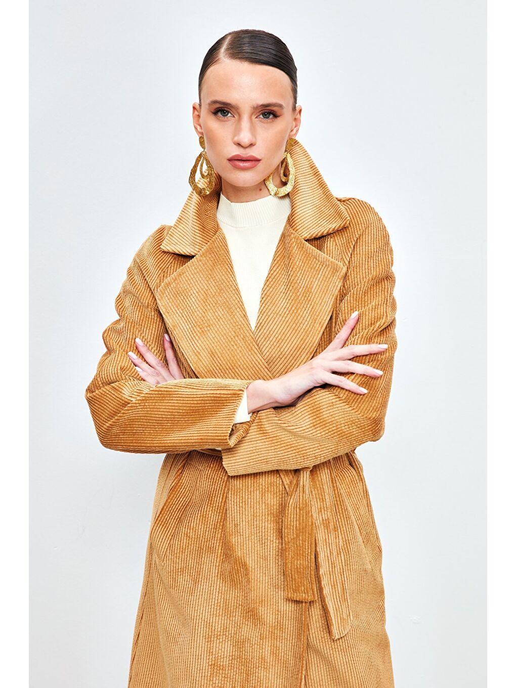 Kahverengi Uzun Kadife Trençkot - Camel-5