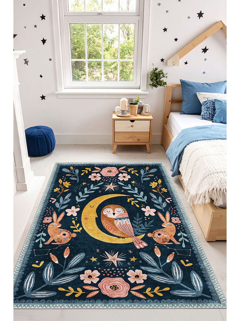 Lacivert Dekoratif Özel Tasarım Yıkanabilir İnce Kaymaz Tabanlı Modern Halı KECE FR44-2