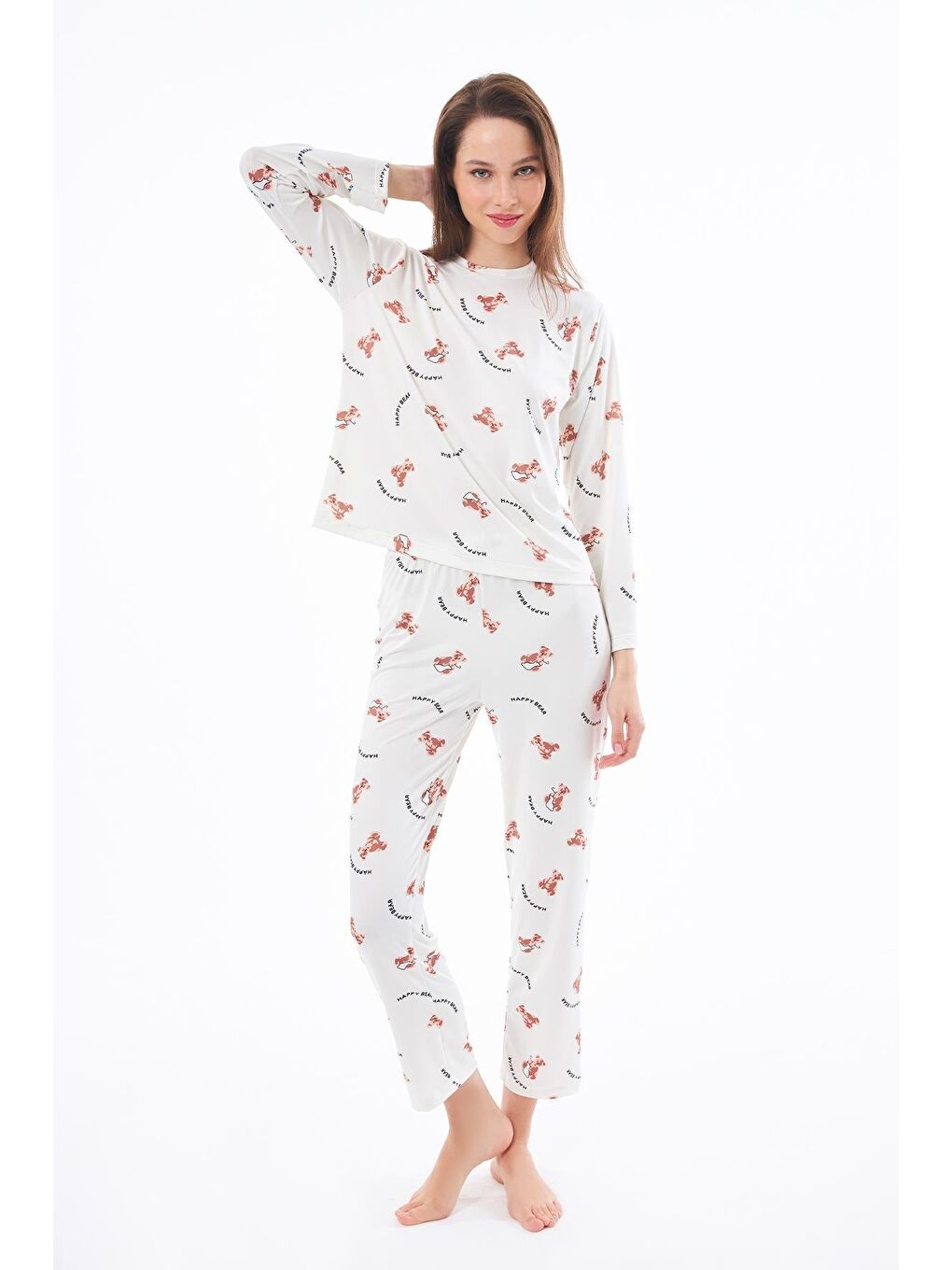 Ekru Premium  Yazlık Kadın Pijama Takımı Ayıcık Desenli Yumuşak Dokulu Bisiklet Yaka Uzun Kollu-6
