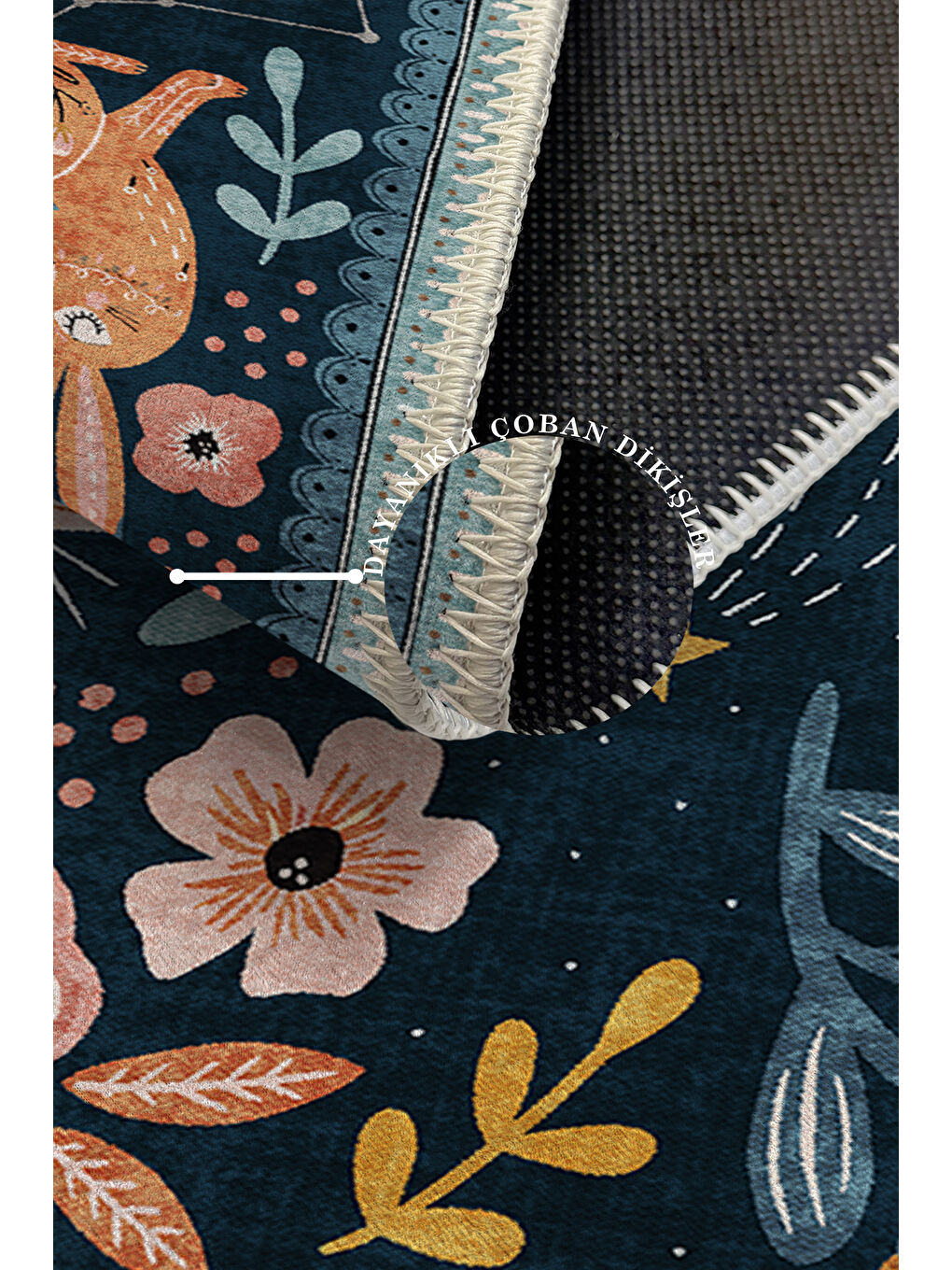 Lacivert Dekoratif Özel Tasarım Yıkanabilir İnce Kaymaz Tabanlı Modern Halı KECE FR44-3