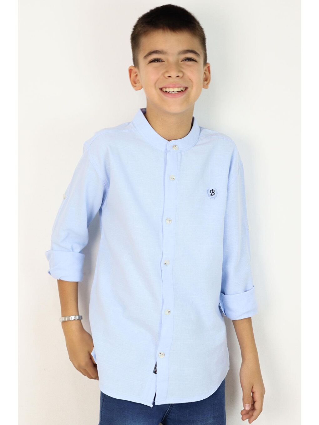 Erkek Çocuk Gömlek Harf Nakışlı Düğmeli Açık Mavi (8-12 Yaş)-1