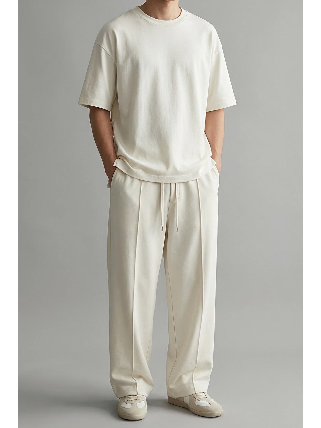 Erkek Oversize Basic Yumuşak Dokulu Rahat Tişört Ekru-2