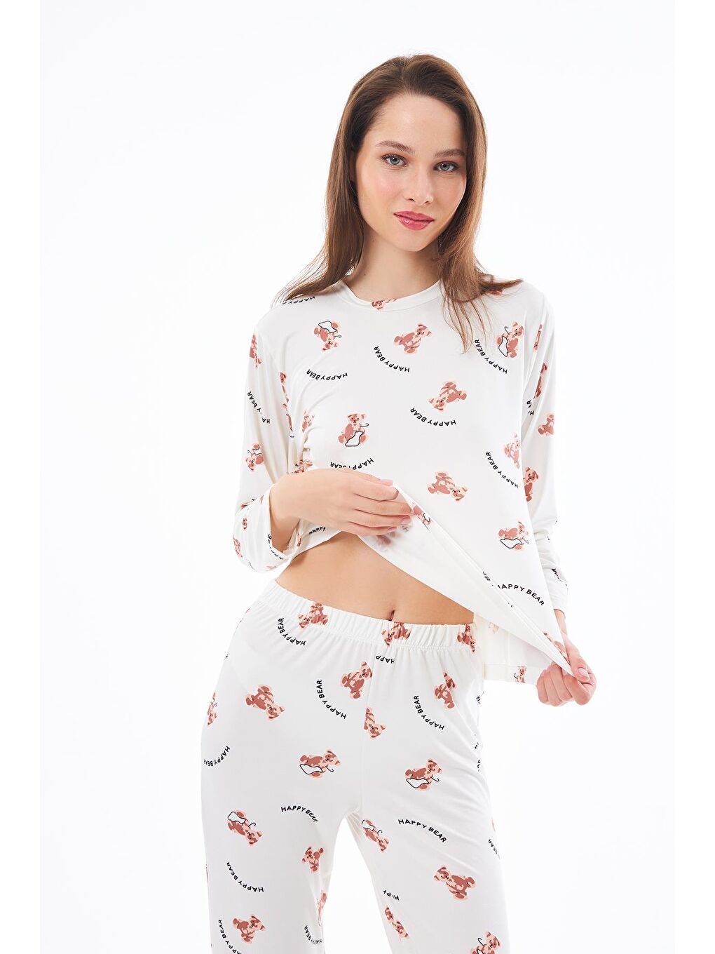Ekru Premium  Yazlık Kadın Pijama Takımı Ayıcık Desenli Yumuşak Dokulu Bisiklet Yaka Uzun Kollu-7