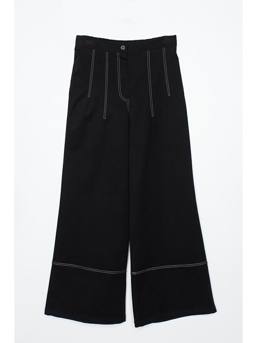 Siyah-Garni Dikişli Geniş Paça Pantolon-5