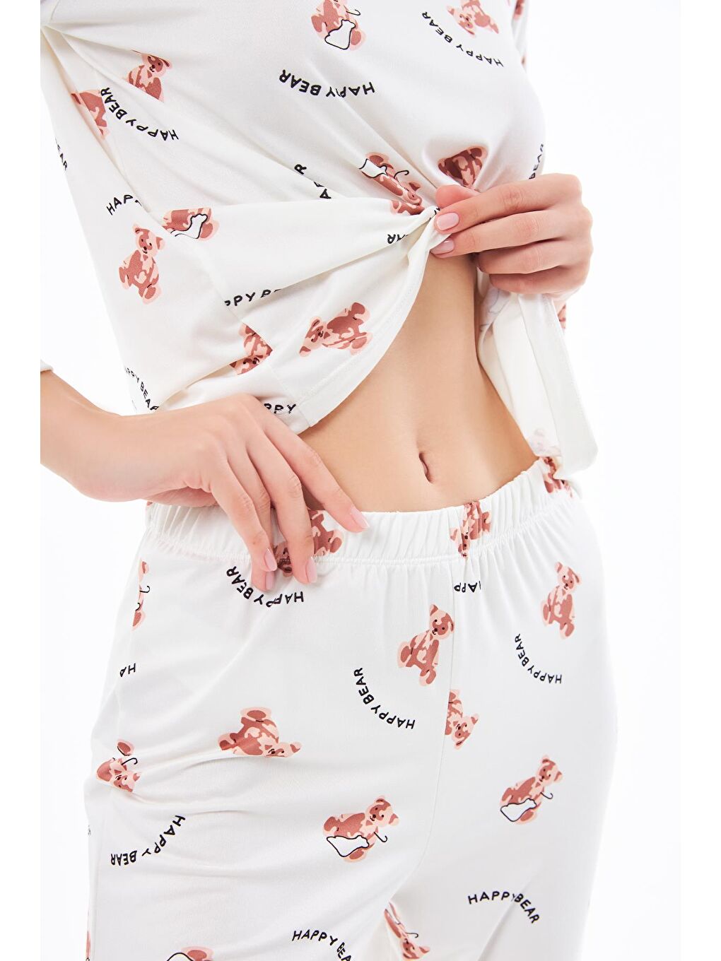 Ekru Premium  Yazlık Kadın Pijama Takımı Ayıcık Desenli Yumuşak Dokulu Bisiklet Yaka Uzun Kollu-8