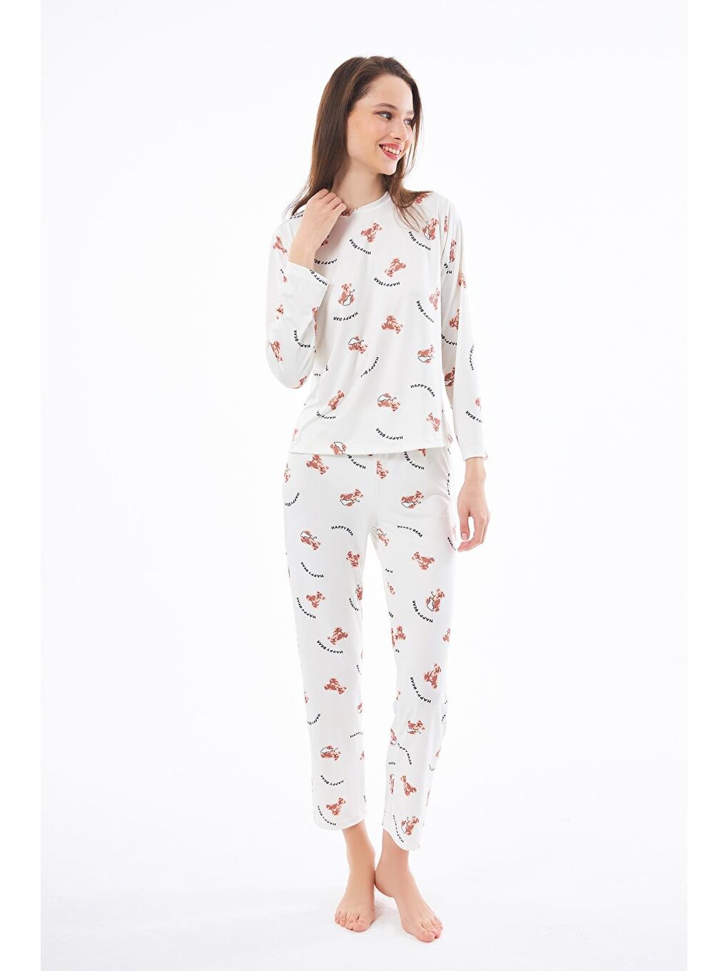 Ekru Premium  Yazlık Kadın Pijama Takımı Ayıcık Desenli Yumuşak Dokulu Bisiklet Yaka Uzun Kollu-9