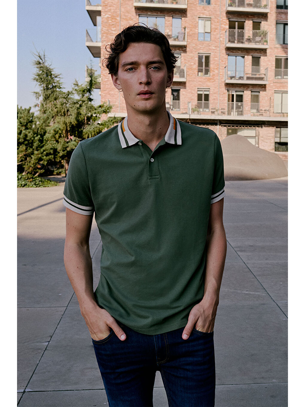 Erkek Haki Slim Fit Dar Kesim %100 Pamuk Polo Yaka Tişört-1