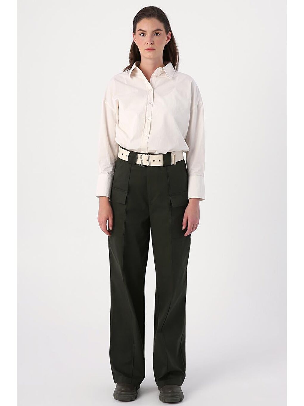 Haki-Palaska Kemerli Cepli Bol Paça Pantolon-1