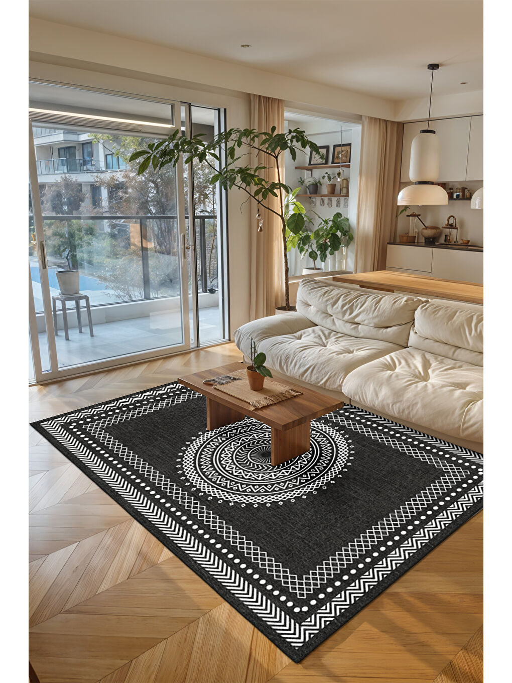 Siyah Modern Dekoratif Yıkanabilir Kaymaz Taban Halı – İnce, Yumuşak Salon Halısı, Mutfak Halısı ve Yolluk-1