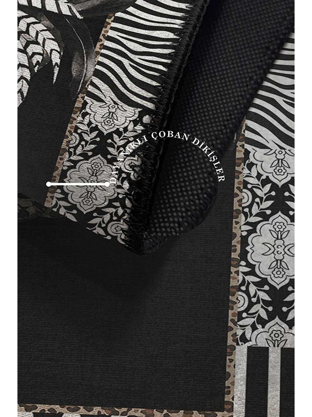 Siyah Dekoratif Özel Tasarım Yıkanabilir İnce Kaymaz Tabanlı Modern Halı KECE FR43-3