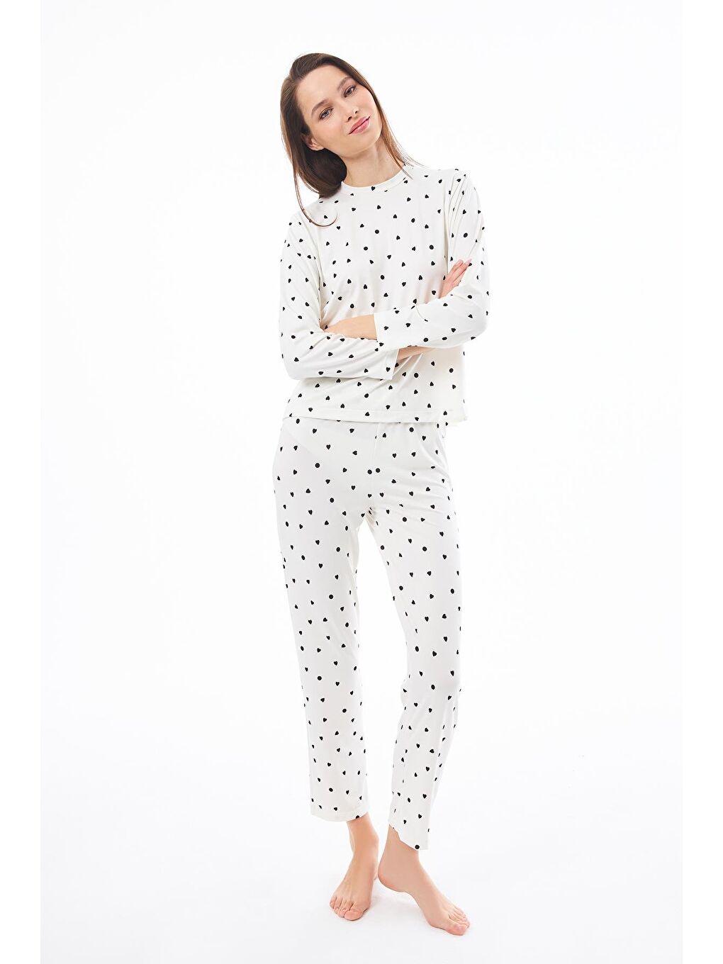 Ekru Premium  Yazlık Kadın Pijama Takımı Krem Kalp Desenli Yumuşak Dokulu Bisiklet Yaka Uzun Kollu-7
