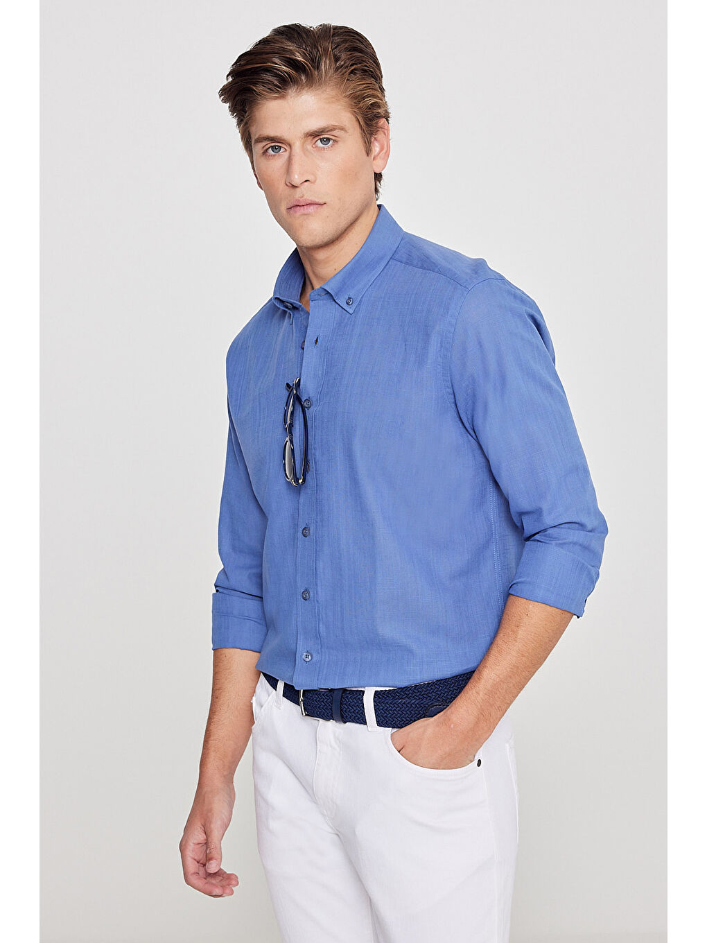 Erkek İndigo %100 Pamuk Oxford Slim Fit Dar Kesim Düğmeli Yaka Flamlı Gömlek
