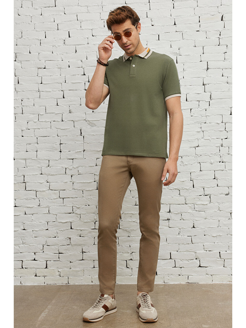 Erkek Haki Slim Fit Dar Kesim %100 Pamuk Polo Yaka Tişört-3