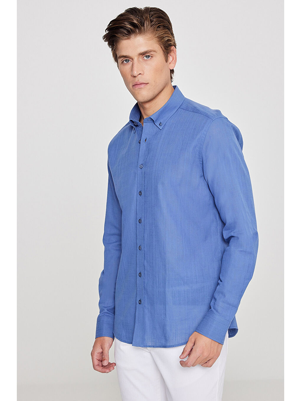 Erkek İndigo %100 Pamuk Oxford Slim Fit Dar Kesim Düğmeli Yaka Flamlı Gömlek-2