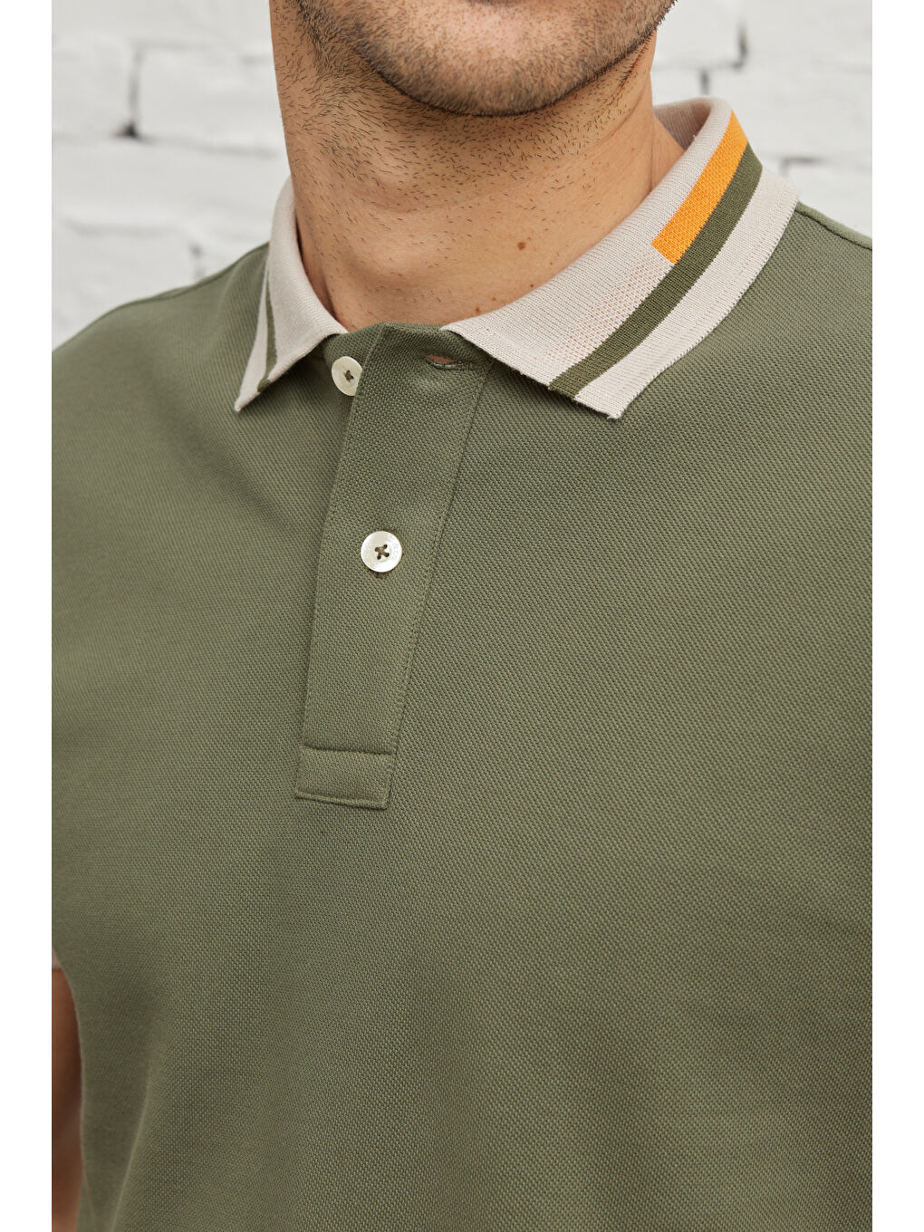 Erkek Haki Slim Fit Dar Kesim %100 Pamuk Polo Yaka Tişört-4