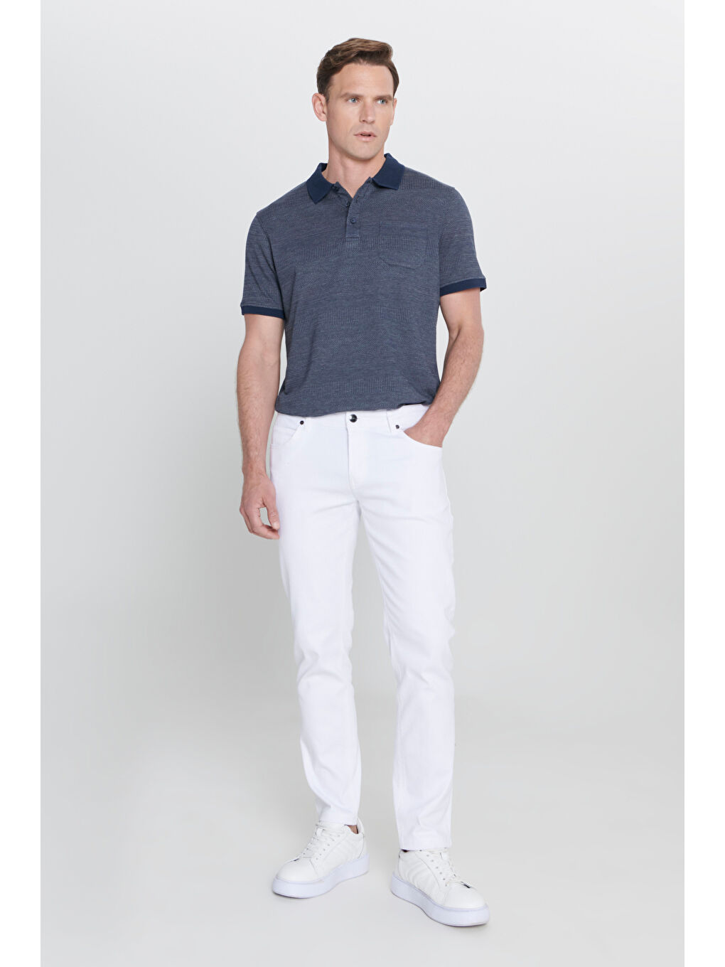 Erkek Beyaz 360 Derece Her Yöne Esneyen Slim Fit Dar Kesim Diyagonal Desenli Pantolon-1