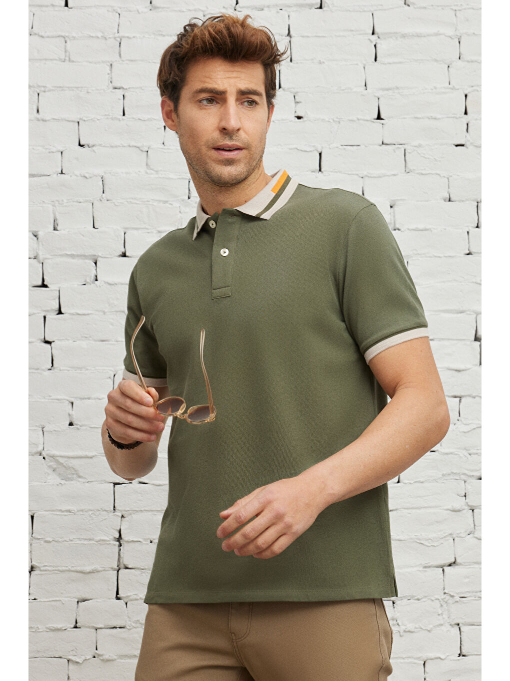 Erkek Haki Slim Fit Dar Kesim %100 Pamuk Polo Yaka Tişört-5