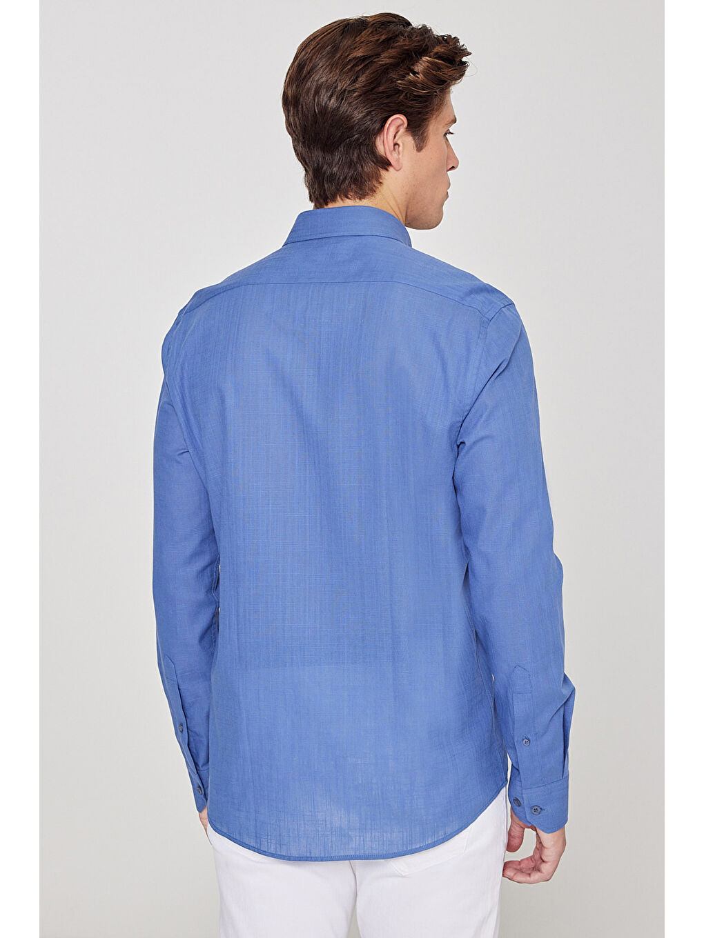 Erkek İndigo %100 Pamuk Oxford Slim Fit Dar Kesim Düğmeli Yaka Flamlı Gömlek-4