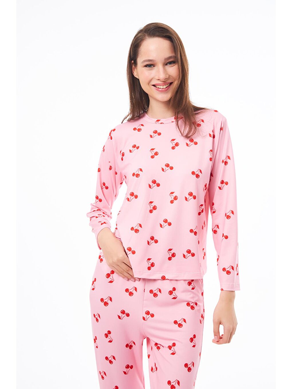 Pembe Premium  Yazlık Kadın Pijama Takımı Kiraz Desenli Yumuşak Dokulu Bisiklet Yaka Uzun Kollu-6
