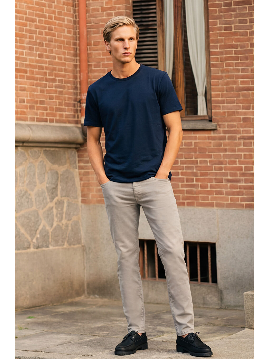 Erkek Gri 360 Derece Her Yöne Esneyen Slim Fit Dar Kesim Diyagonal Desenli Pantolon