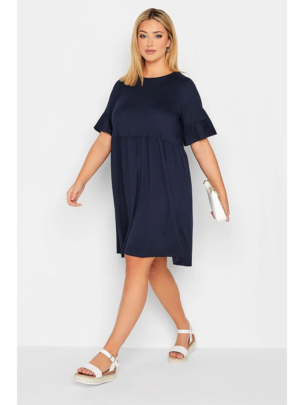 Lacivert Büyük Beden Yarım Kol Yuvarlak Yaka Basic Kısa Elbise 301856