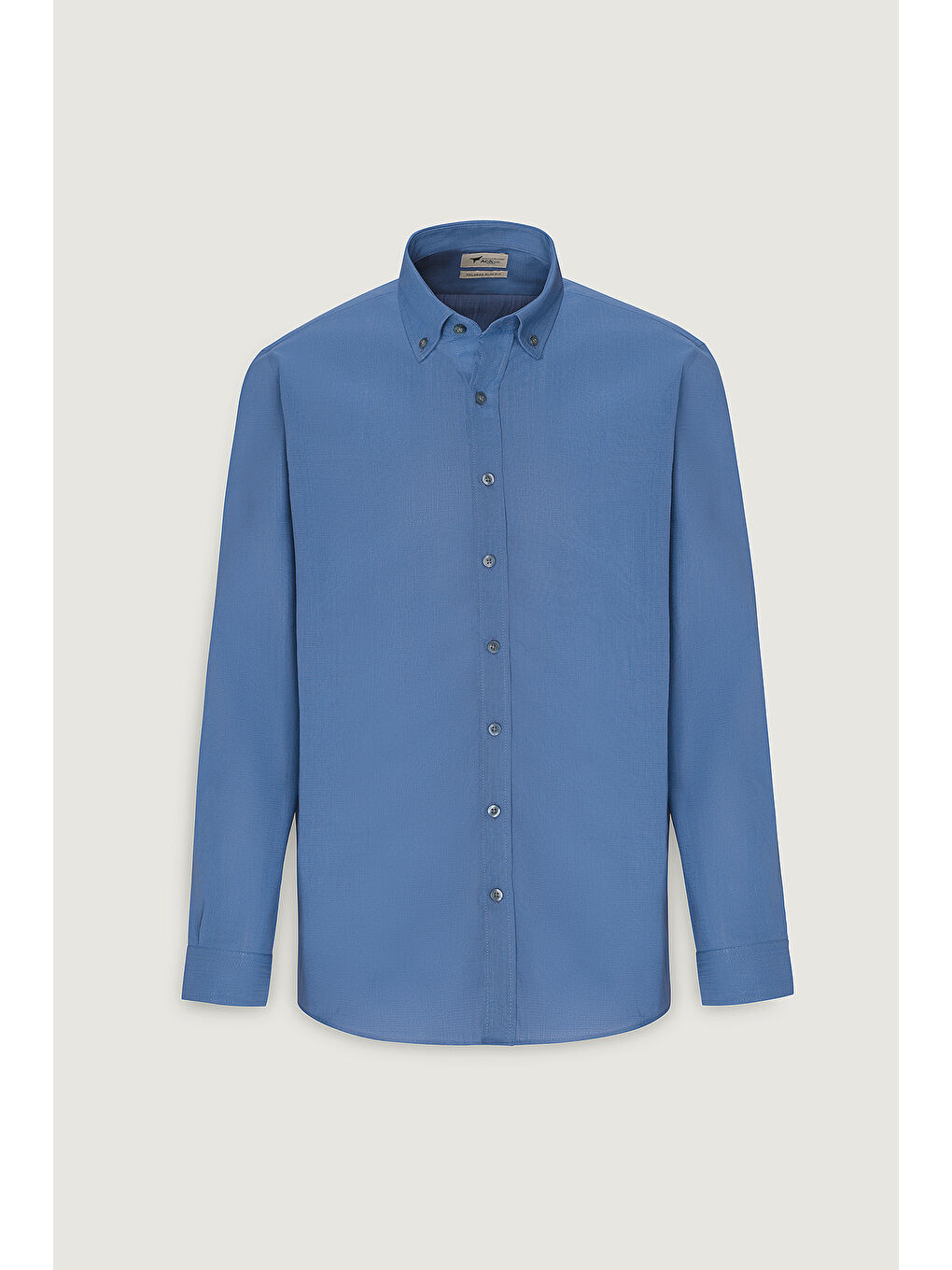 Erkek İndigo %100 Pamuk Oxford Slim Fit Dar Kesim Düğmeli Yaka Flamlı Gömlek-5