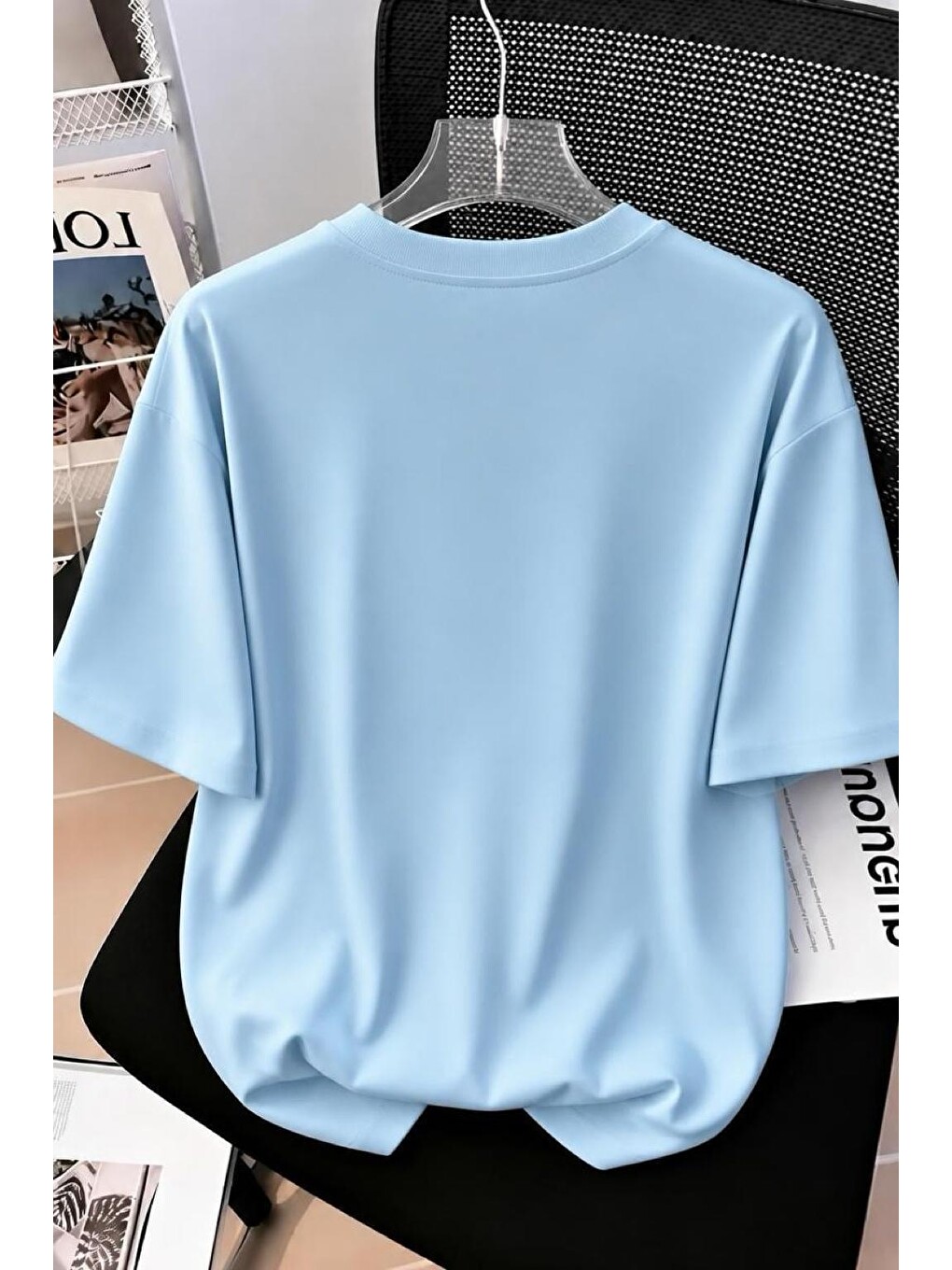 Turkuaz Papatya Kanatlı Kelebek Baskılı Oversize Kadın T-shirt-1
