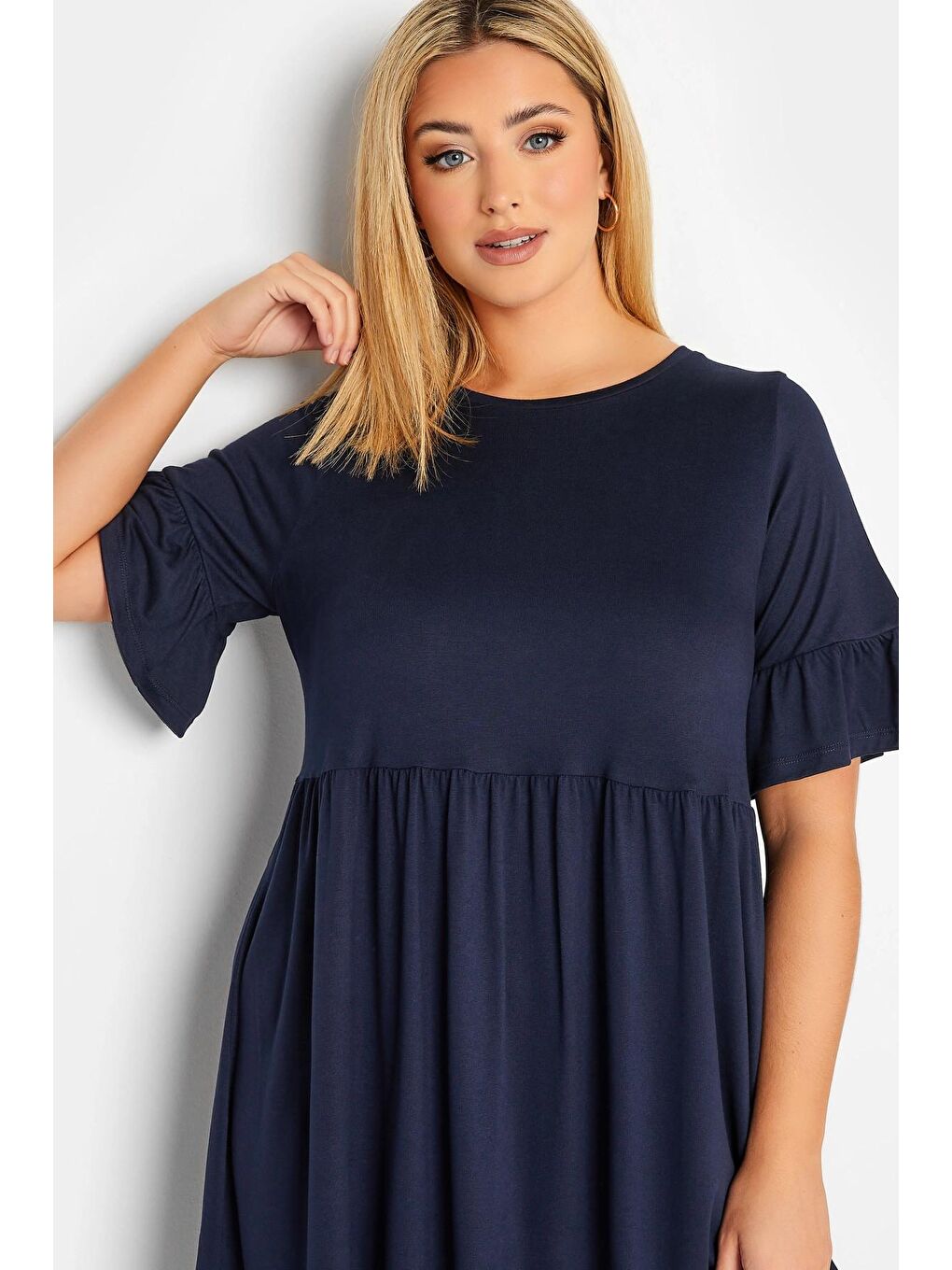 Lacivert Büyük Beden Yarım Kol Yuvarlak Yaka Basic Kısa Elbise 301856-1