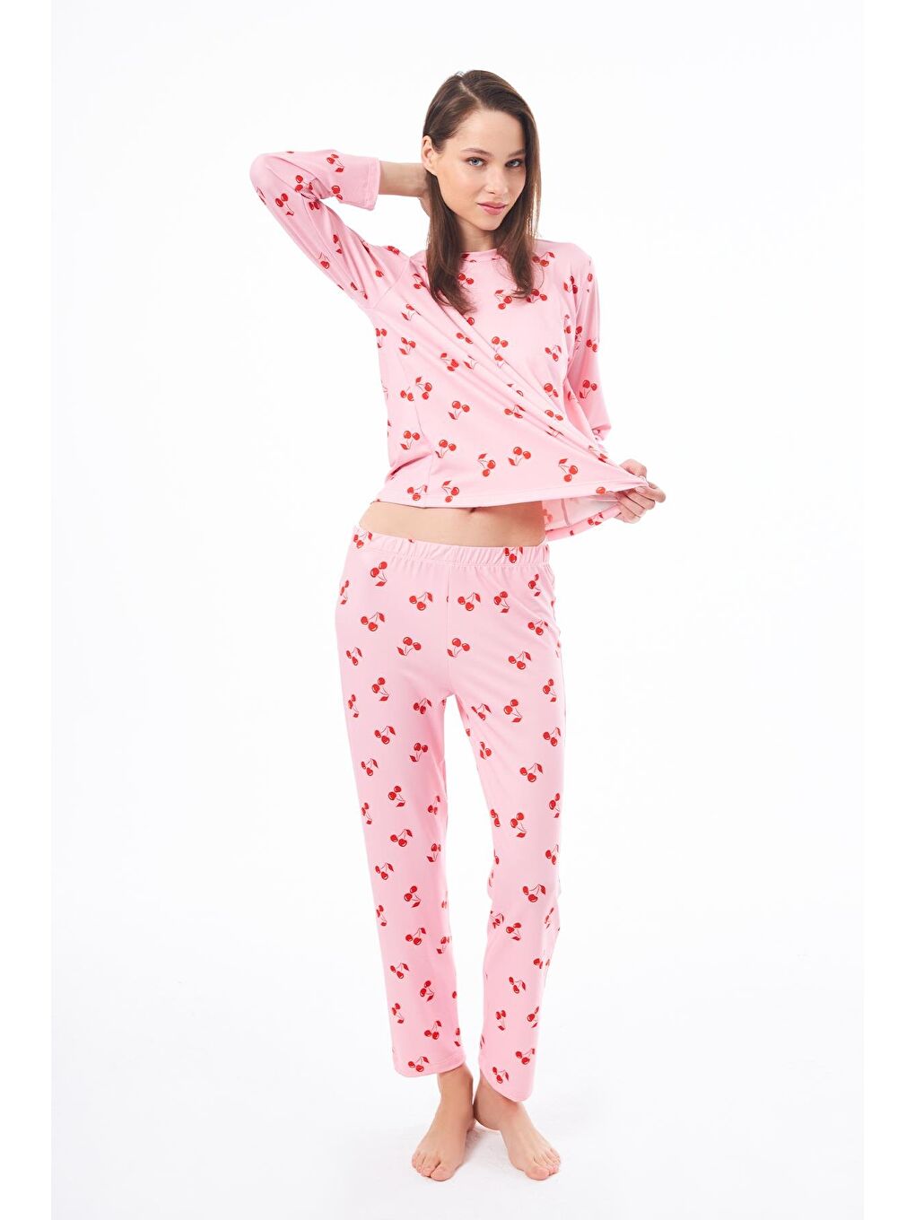 Pembe Premium  Yazlık Kadın Pijama Takımı Kiraz Desenli Yumuşak Dokulu Bisiklet Yaka Uzun Kollu-8