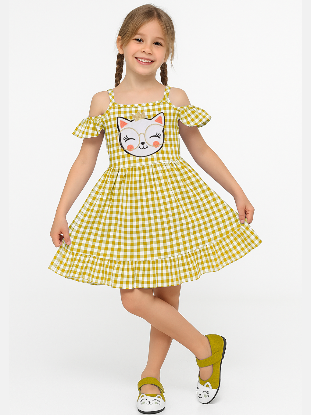 Sarı Ekoseli Fırfırlı Kız Çocuk Elbise