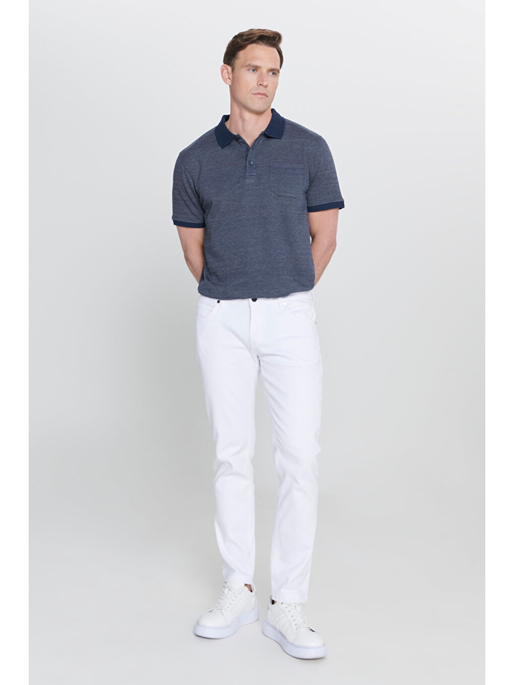 Erkek Beyaz 360 Derece Her Yöne Esneyen Slim Fit Dar Kesim Diyagonal Desenli Pantolon-5