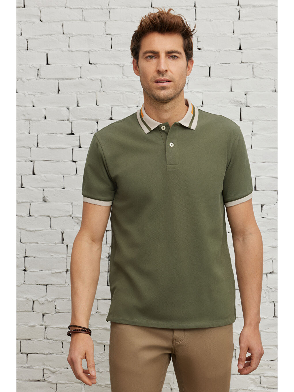 Erkek Haki Slim Fit Dar Kesim %100 Pamuk Polo Yaka Tişört-7