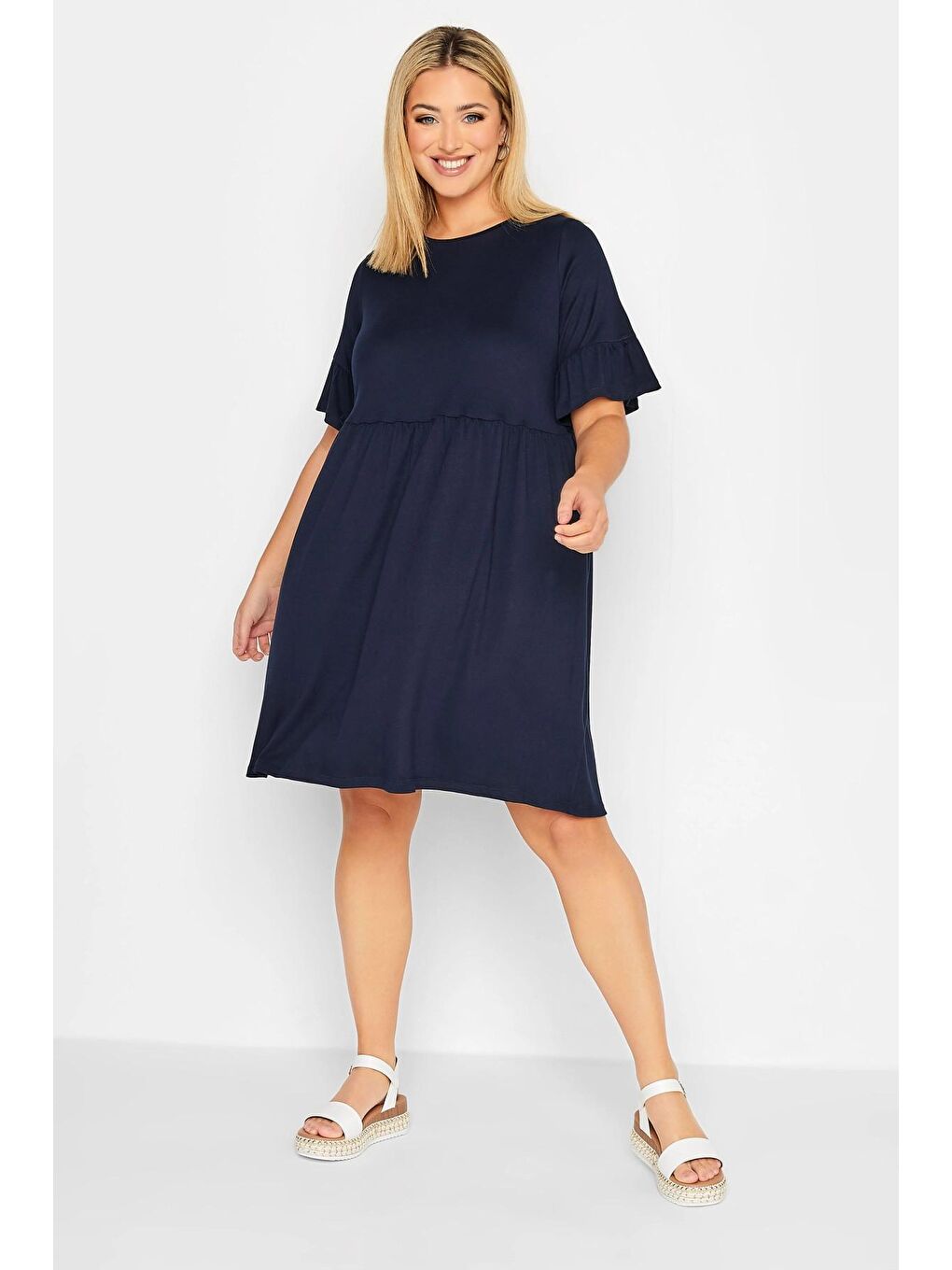 Lacivert Büyük Beden Yarım Kol Yuvarlak Yaka Basic Kısa Elbise 301856-3