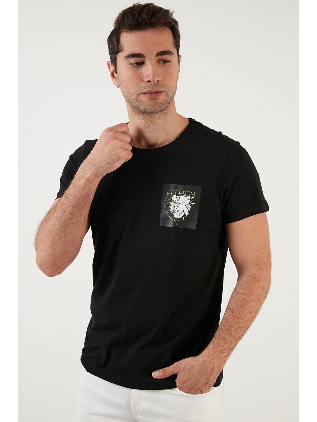 Siyah Slim Fit Baskılı Bisiklet Yaka %100 Pamuk Tişört 5902376-3