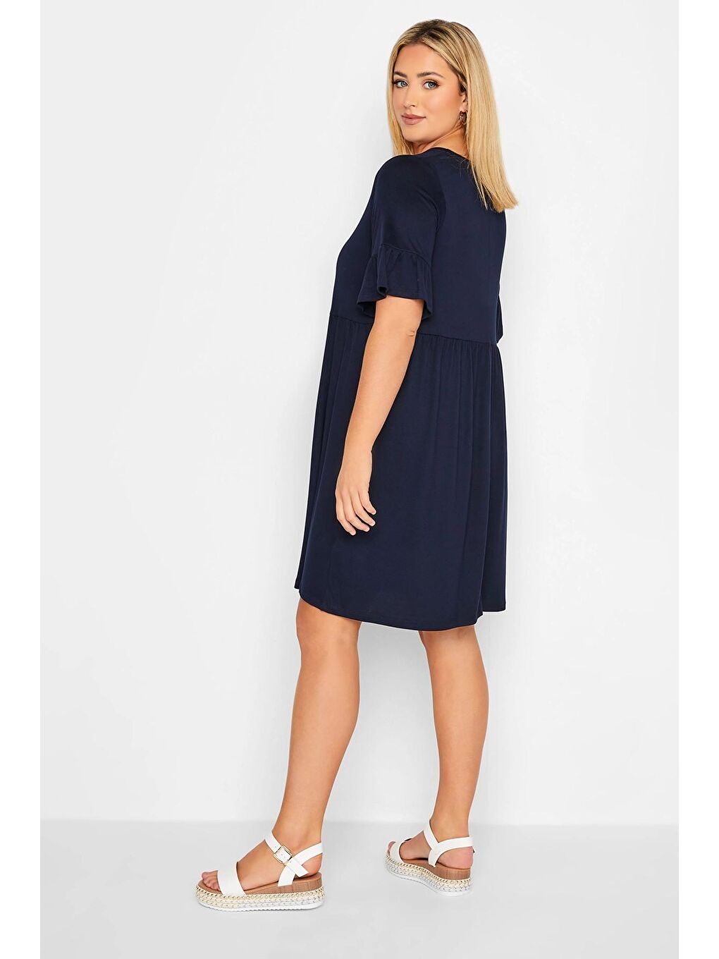 Lacivert Büyük Beden Yarım Kol Yuvarlak Yaka Basic Kısa Elbise 301856-4