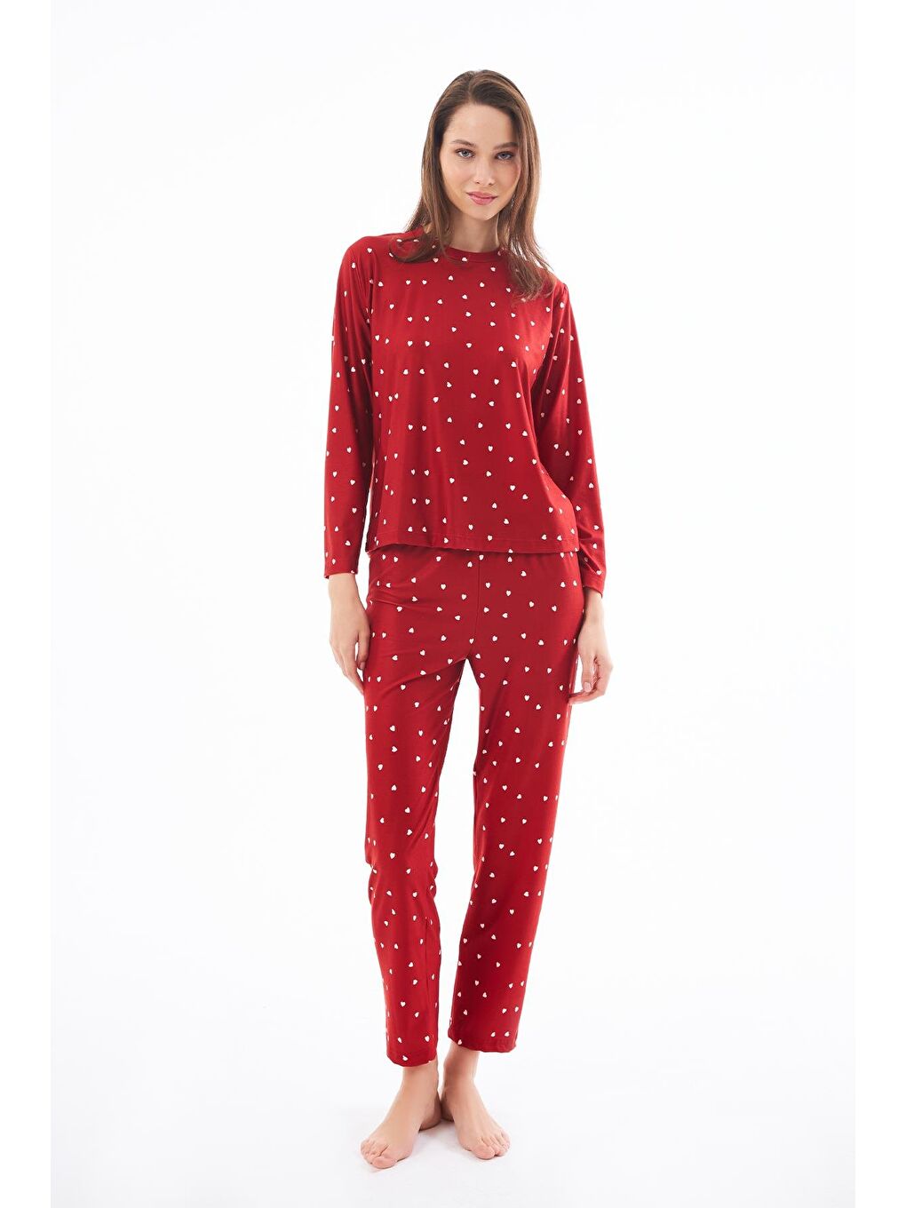 Premium  Yazlık Kadın Pijama Takımı Kırmızı Kalp Desenli Yumuşak Dokulu Bisiklet Yaka Uzun Kollu